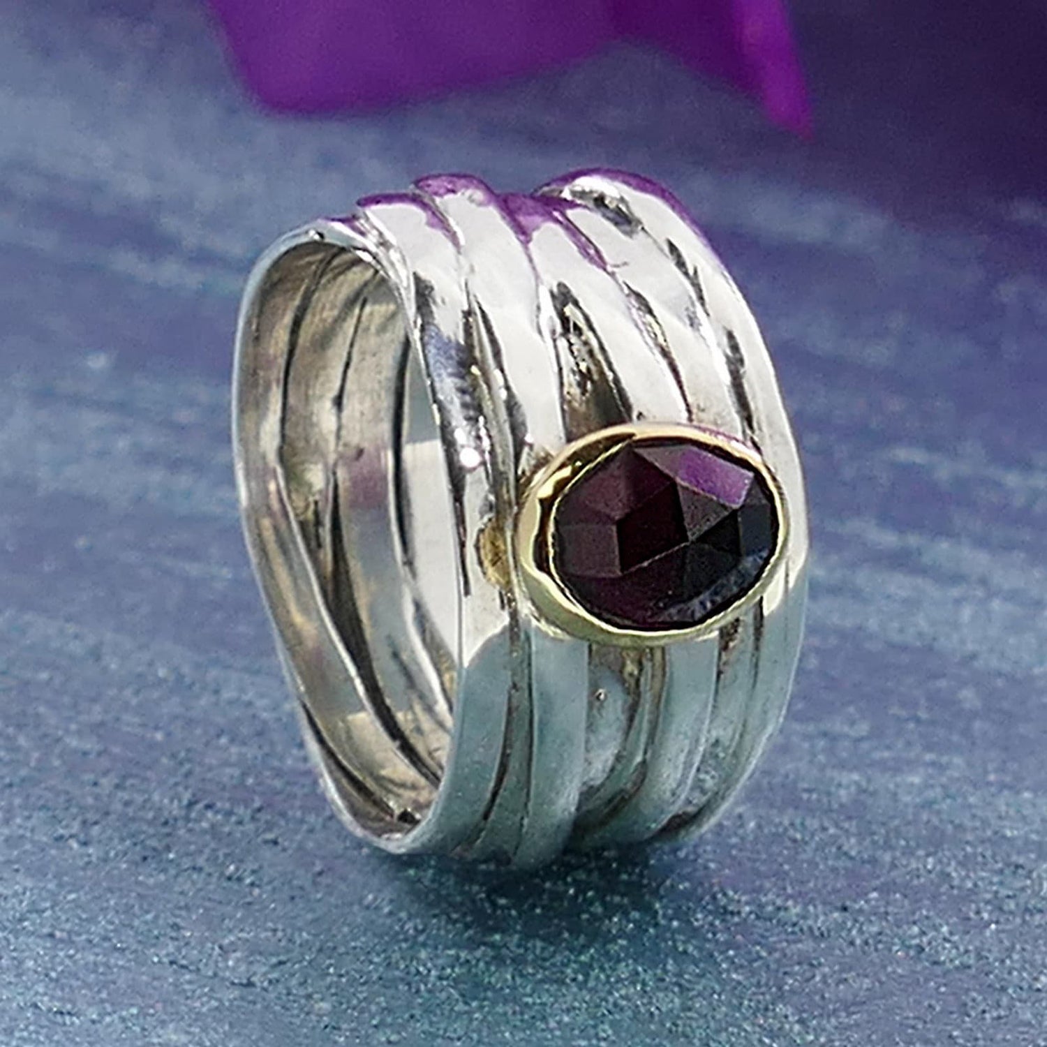 Natural Red Garnet Gemstone Two Tone Solid 9k Yellow Gold &amp; 925 Sterling Silver Wrap Ring Main Stone: Garnet Thickness mm: 2 Sizable: Yes Hight Above The Finger mm: 5 Width mm: 11 Total Carat Weight (TCW): 1.7 Weight gr.: 6.3