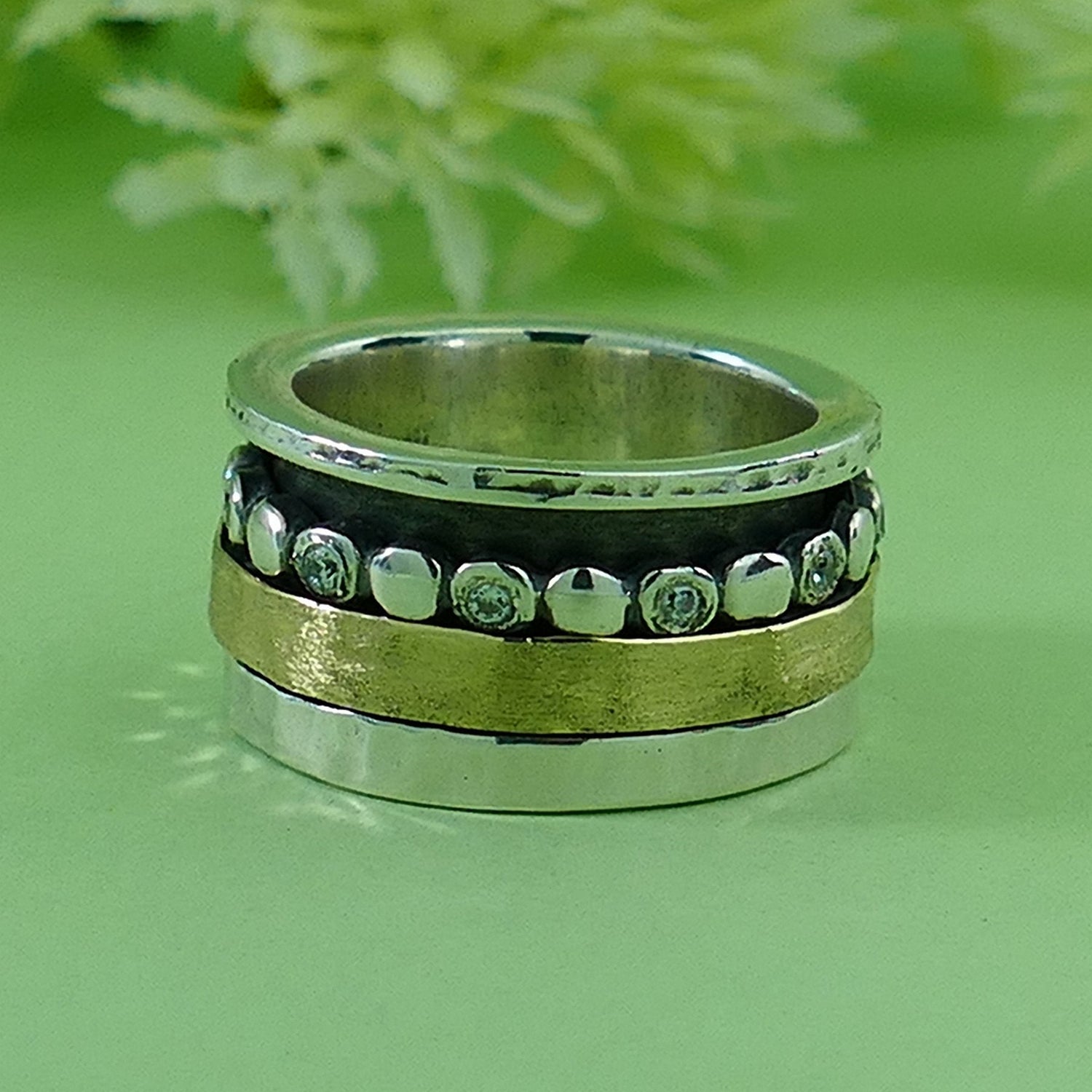 Handmade Spinner Ring 0.64 Carat White Cubic Zirconia Stone Two Tone Solid 9k Yellow Gold and 925 Sterling Silver Setting, Mixed metal ring