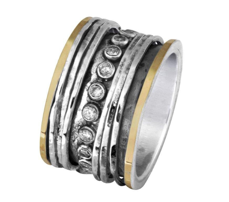 Mixed Metal Spinner Ring Cubic Zirconia Stone Two Tone Solid 9k Yellow Gold and 925 Sterling Silver Set Setting,Oxidized Silver Fidget ring