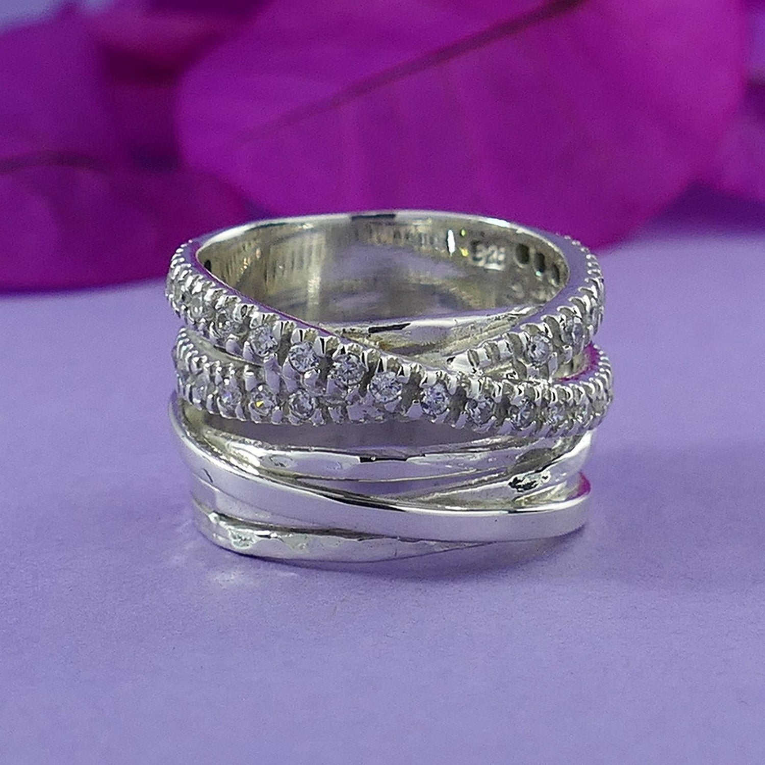 Handmade 925 Sterling Silver Cubic Zirconia Wrap Statment Ring