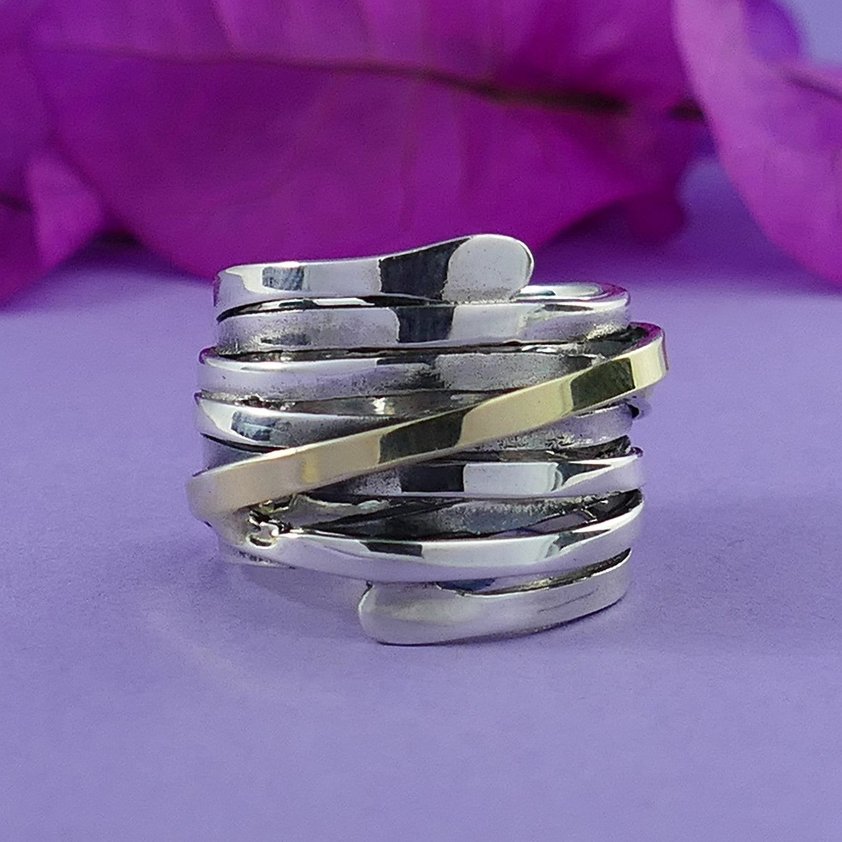 SPIRA Handcrafted Contemporary Design Two Tone Solid 9k Yellow Gold And 925 Sterling Silver Wrap Ring Mixed metal ring Large ring Gypsy ring