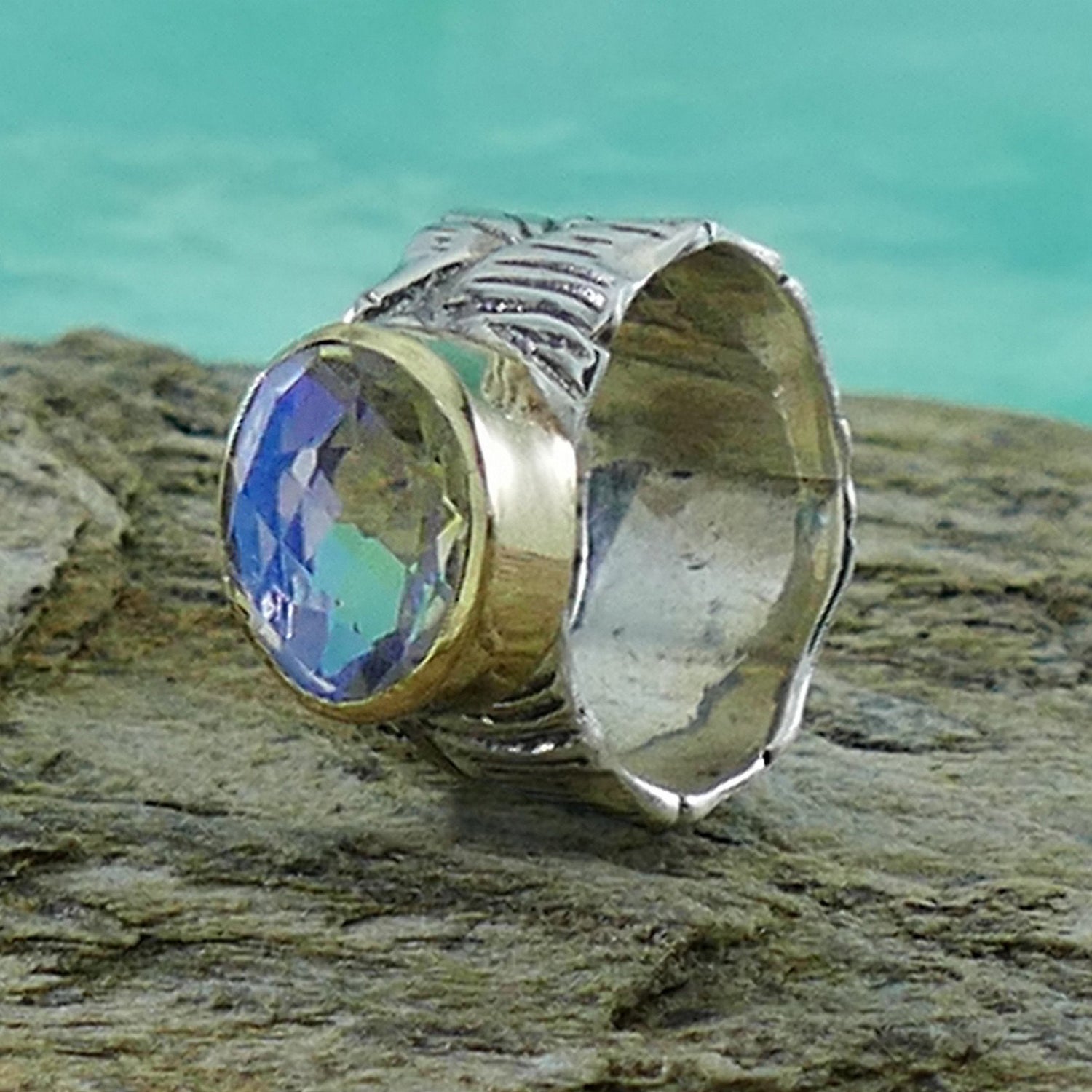 Mixed Metal statment Ring Solid 9 karat Yellow Gold and 925 Sterling Silver Rainbow Quartz