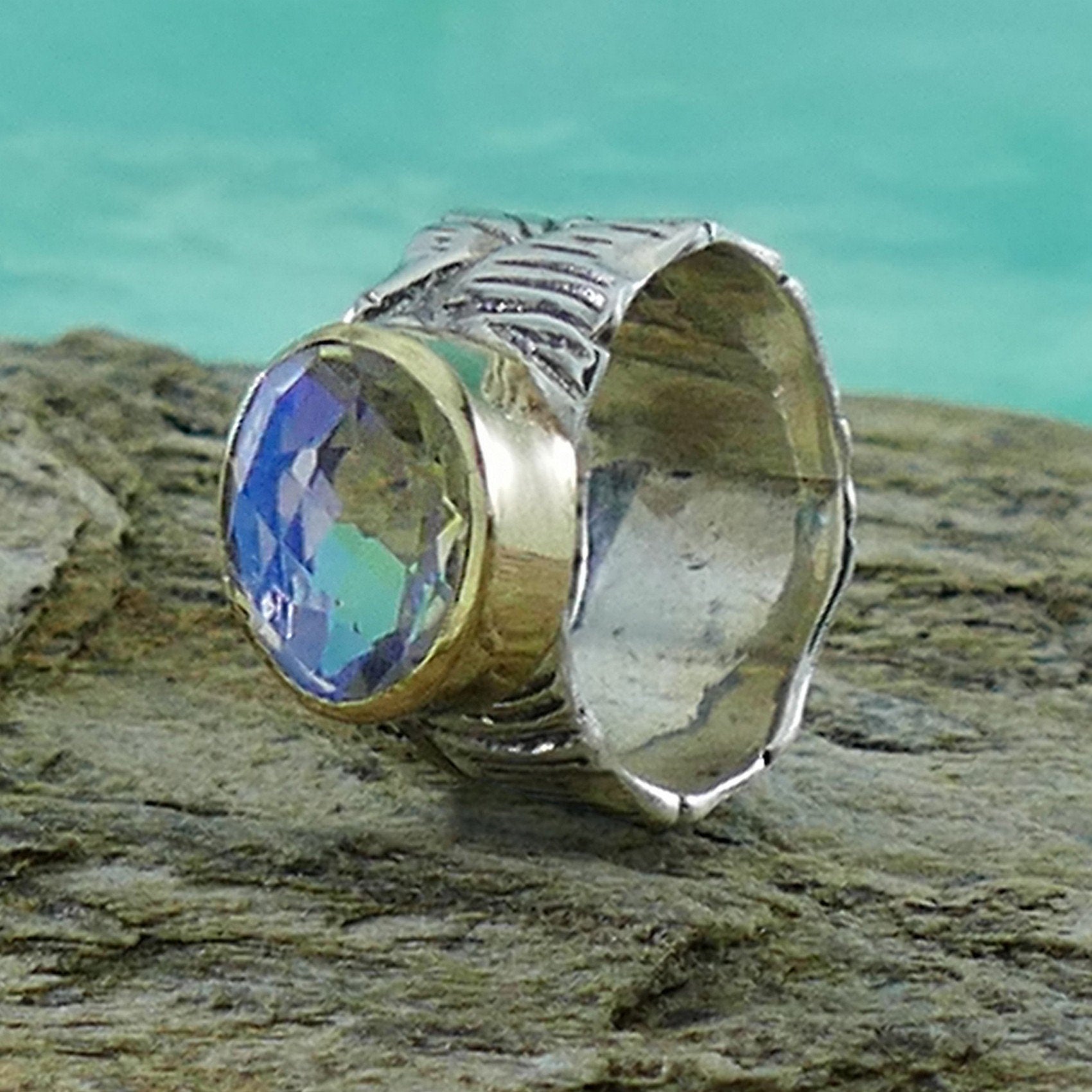 Mixed Metal statment Ring Solid 9 karat Yellow Gold and 925 Sterling Silver Rainbow Quartz