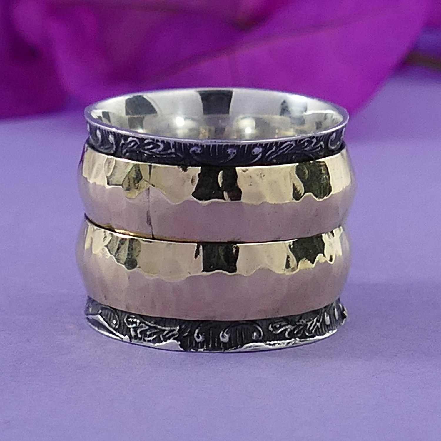 Handcrafted Vintage Design Two Tone Solid 9 karat Yellow Gold And 925 Sterling Silver Band