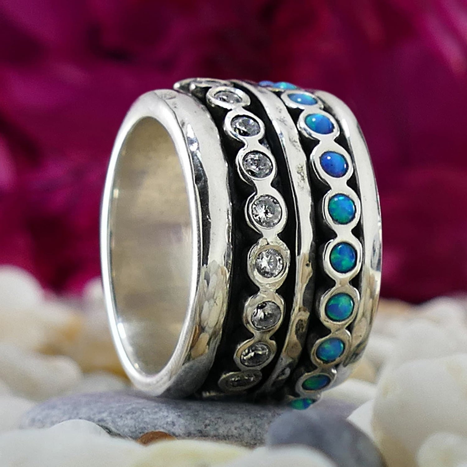 Spinner Ring For Woman 2.2 Carat Blue Opal And Cubic Zirconia Stones 925 Sterling Silver Spinner Ring Hammered Silver Ring, Statement Ring