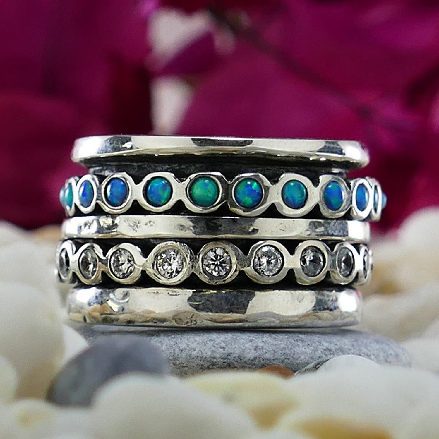 Spinner Ring For Woman 2.2 Carat Blue Opal And Cubic Zirconia Stones 925 Sterling Silver Spinner Ring Hammered Silver Ring, Statement Ring