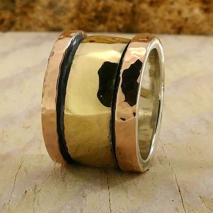 Handmade Mixed metal Spinner Ring Two Tone Solid 9 karat Yellow and Rose Gold And 925 Sterling Silver