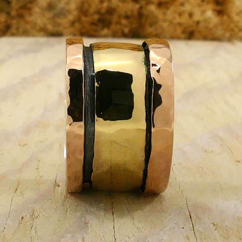 Handmade Mixed metal Spinner Ring Two Tone Solid 9 karat Yellow and Rose Gold And 925 Sterling Silver