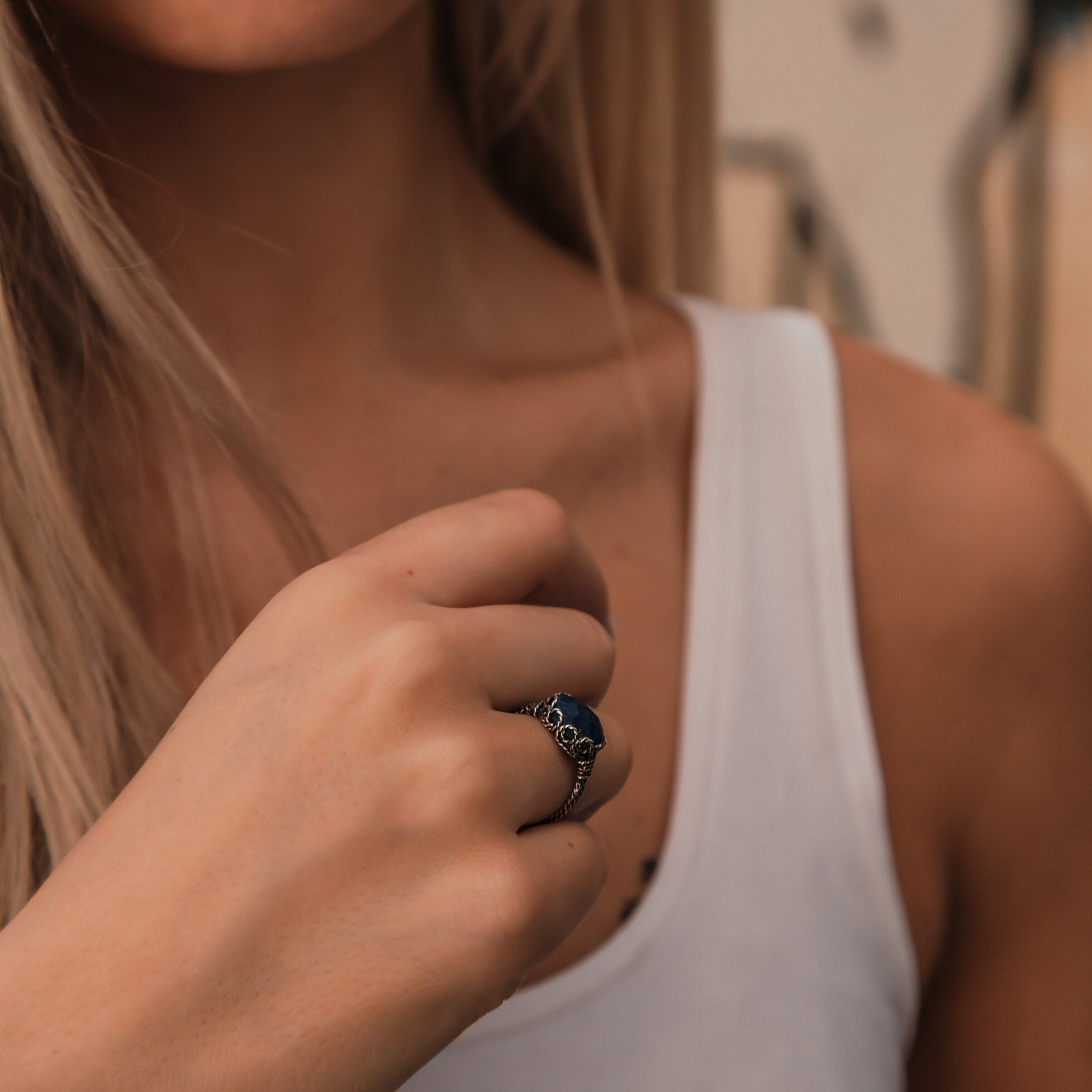 2.9 Carat Natural Blue Lapis Lazuli Gemstone 925 Sterling Silver Solitaire Ring Set Setting Gemstone ring Gypsy ring, Boho ring, Hippie ring