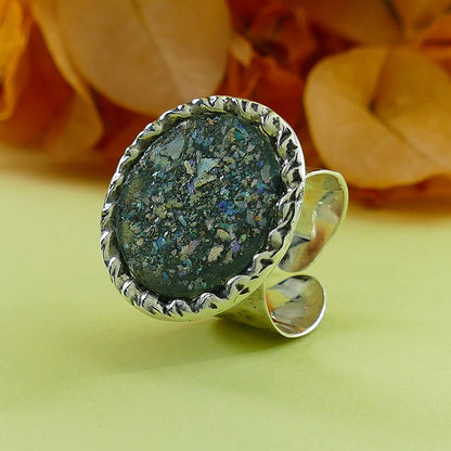 Handcrafted Large ancient Green Roman Glass 925 silver Adjustable Ring