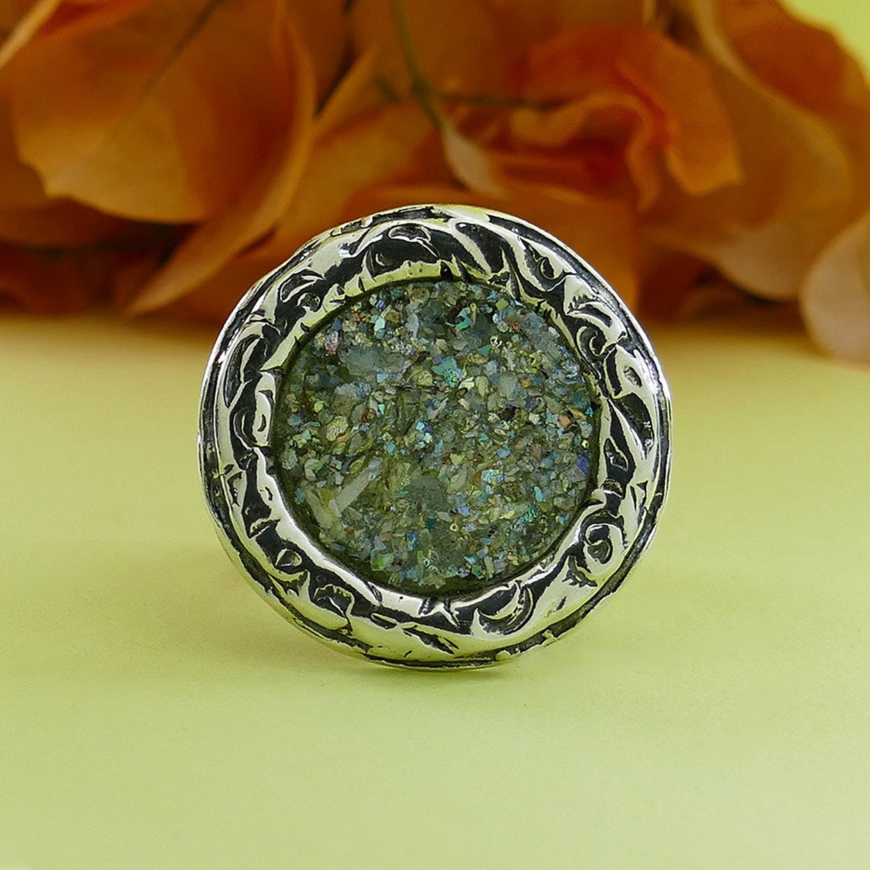 Green Ancient Roman Glass 925 Sterling Silver Statement Ring