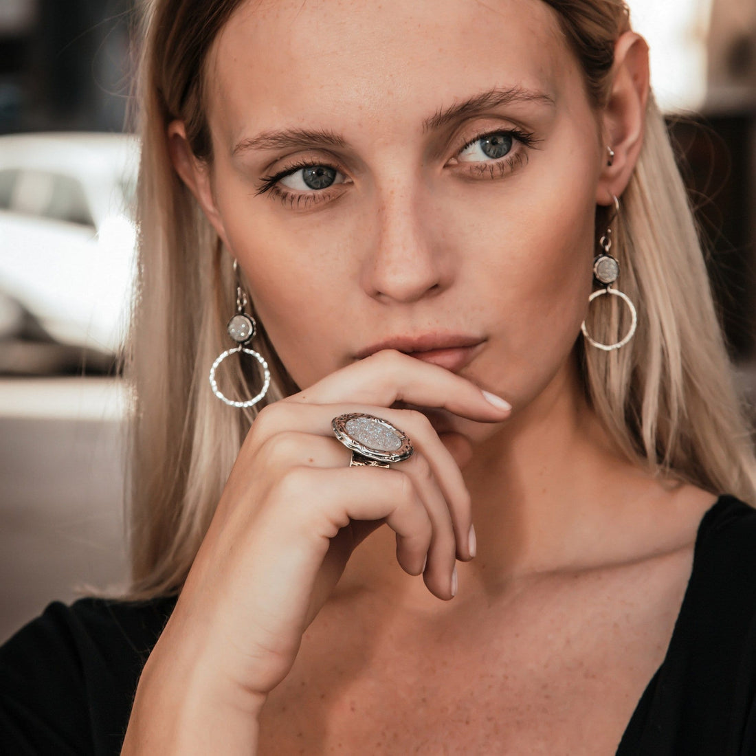 Unique White Agate Druzy Stone 925 Sterling Silver Adjustblr Statement Ring