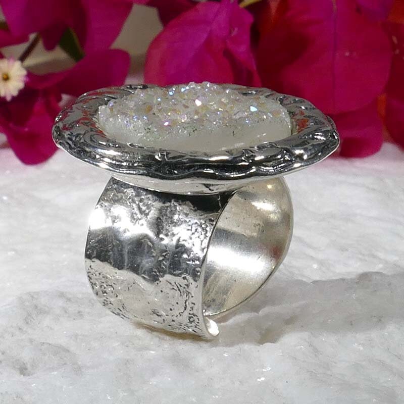 Unique White Agate Druzy Stone 925 Sterling Silver Adjustblr Statement Ring