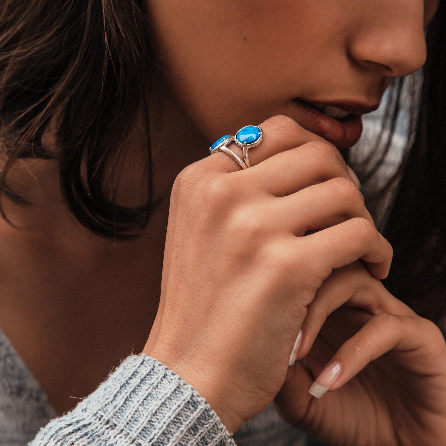 Handmade Blue Opal 925 Sterling Silver Statement Ring