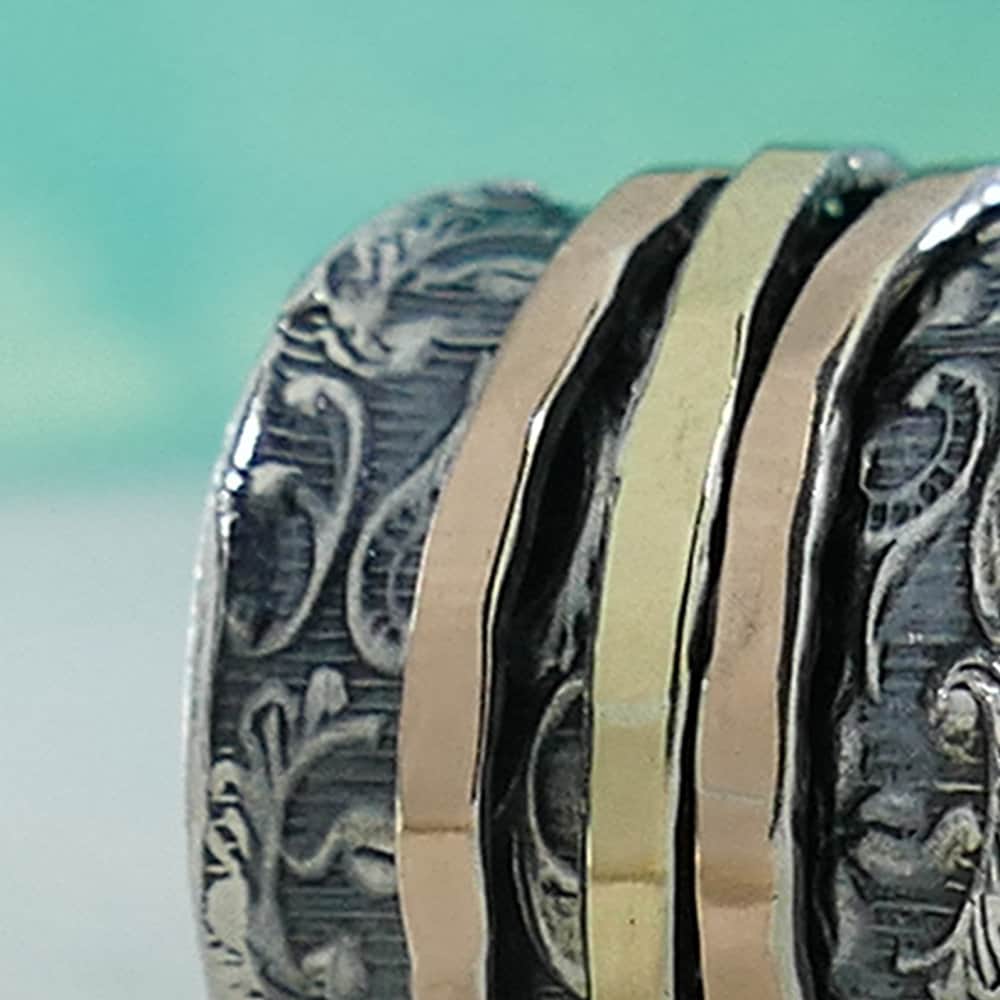 Gold Spinner Ring Vintage Design Two Tone Solid 9k Yellow and Rose Gold And 925 Sterling Silver Spinner Ring, Oxidized Silver Fidget ring