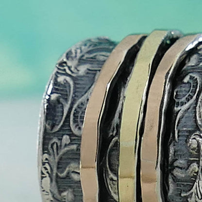 Gold Spinner Ring Vintage Design Two Tone Solid 9k Yellow and Rose Gold And 925 Sterling Silver Spinner Ring, Oxidized Silver Fidget ring