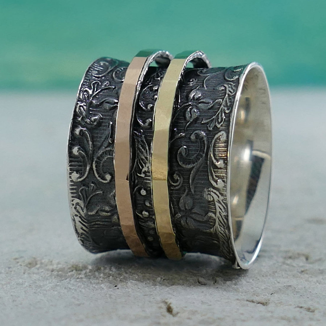 SPIRA Unique Handcrafted Vintage Design Two Tone Solid 9k Yellow & Rose Gold And 925 Sterling Silver Spinner Ring,Oxidized Silver worry ring