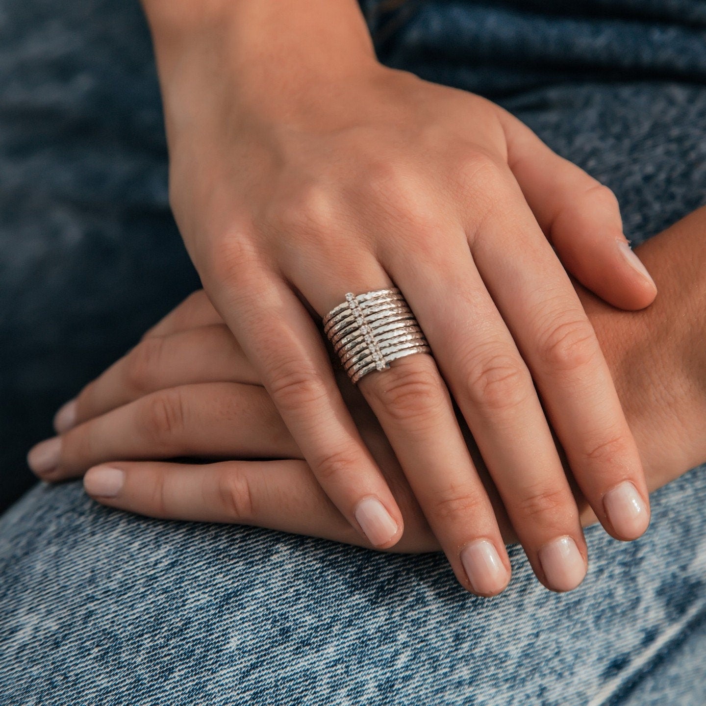 Unique 925 Sterling Silver Hammered Stackable Ring 0.72 Carat White Cubic Zirconia Stone Set Setting, Large ring,Gypsy ring,Bohemian ring