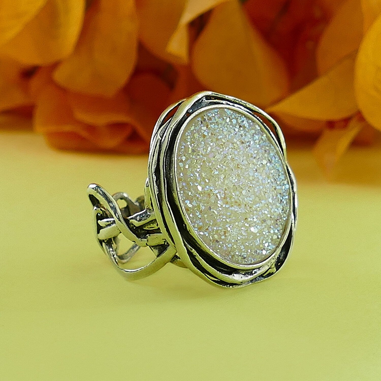 Natural crystal quartz solid 925 11 Carat White Agate Druzy Stone 925 Sterling Silver Statement Ring Set Setting, Handmade in Israel