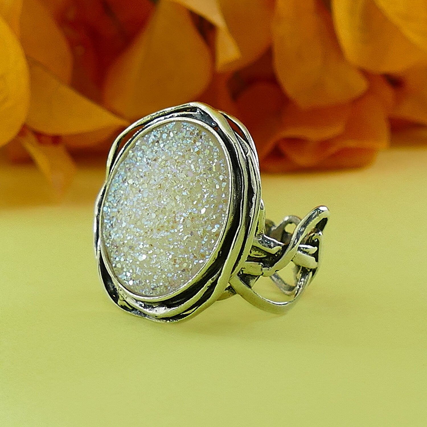 Natural crystal quartz solid 925 11 Carat White Agate Druzy Stone 925 Sterling Silver Statement Ring Set Setting, Handmade in Israel