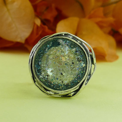 SPIRA Handcrafted Green Roman Glass Silver Statement Ring | Bohemian Gypsy Style