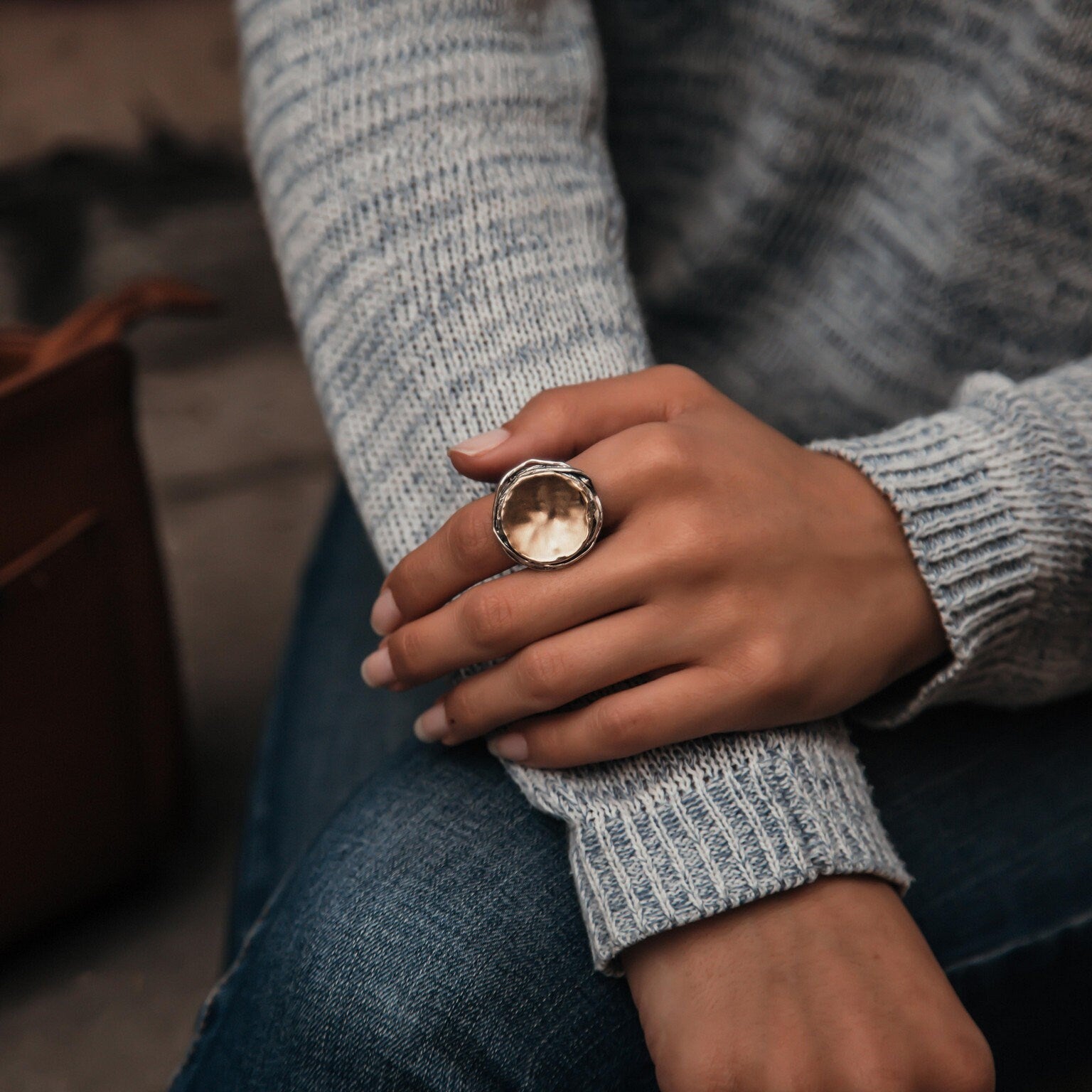 SPIRA Handcrafted Filigree Design Two Tone Solid 9k Yellow Gold And 925 Sterling Silver Statement Ring Height Above The Finger mm: 4 Thickness mm: 1 Front Width mm: 26 Back Width mm: 9 Weight gr.: 8 Metal Purity: 9k