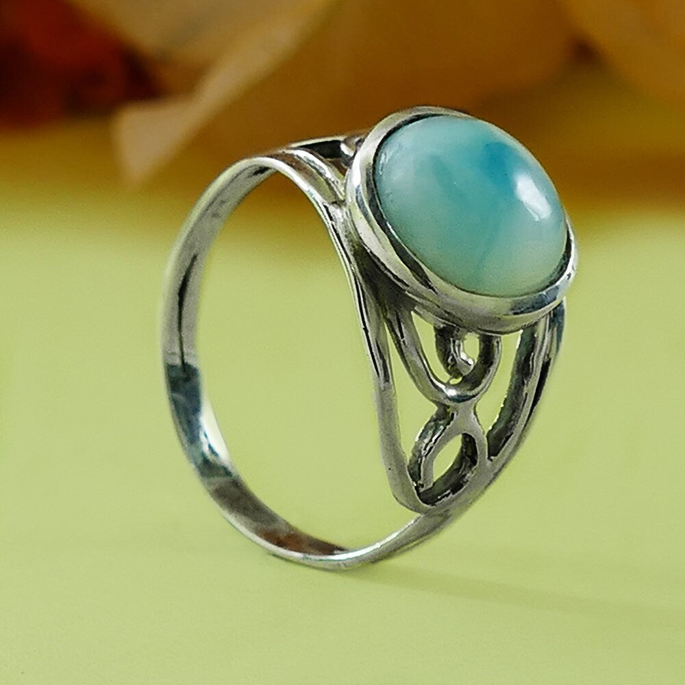 Larimar Silver Ring 5.1Carat Natural Blue Larimar Gemstone 925 Sterling Silver Solitaire Ring Setting Gemstone ring Gypsy ring,Bohemian ring