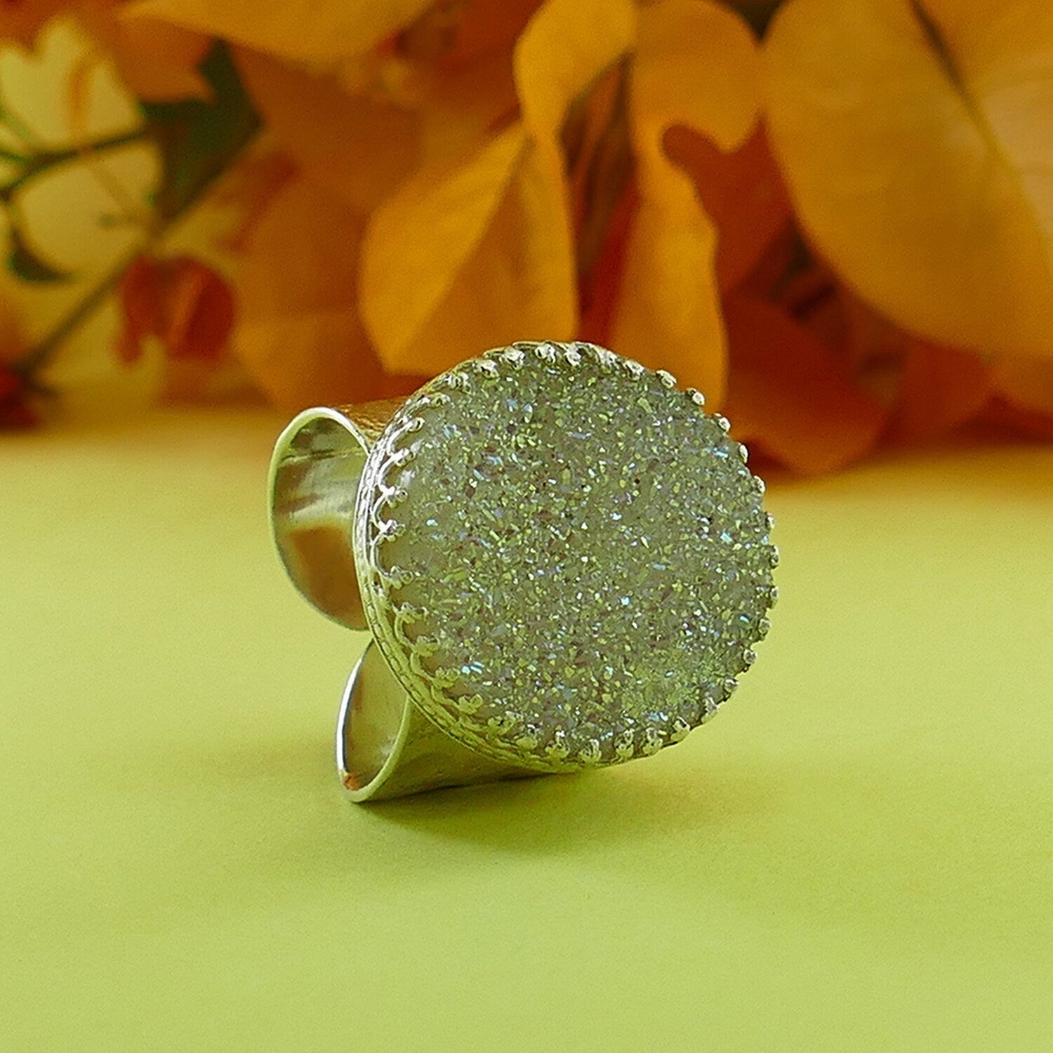 Large Druzy Stone 925 Sterling Silver Statement Ring Adjustable Ring