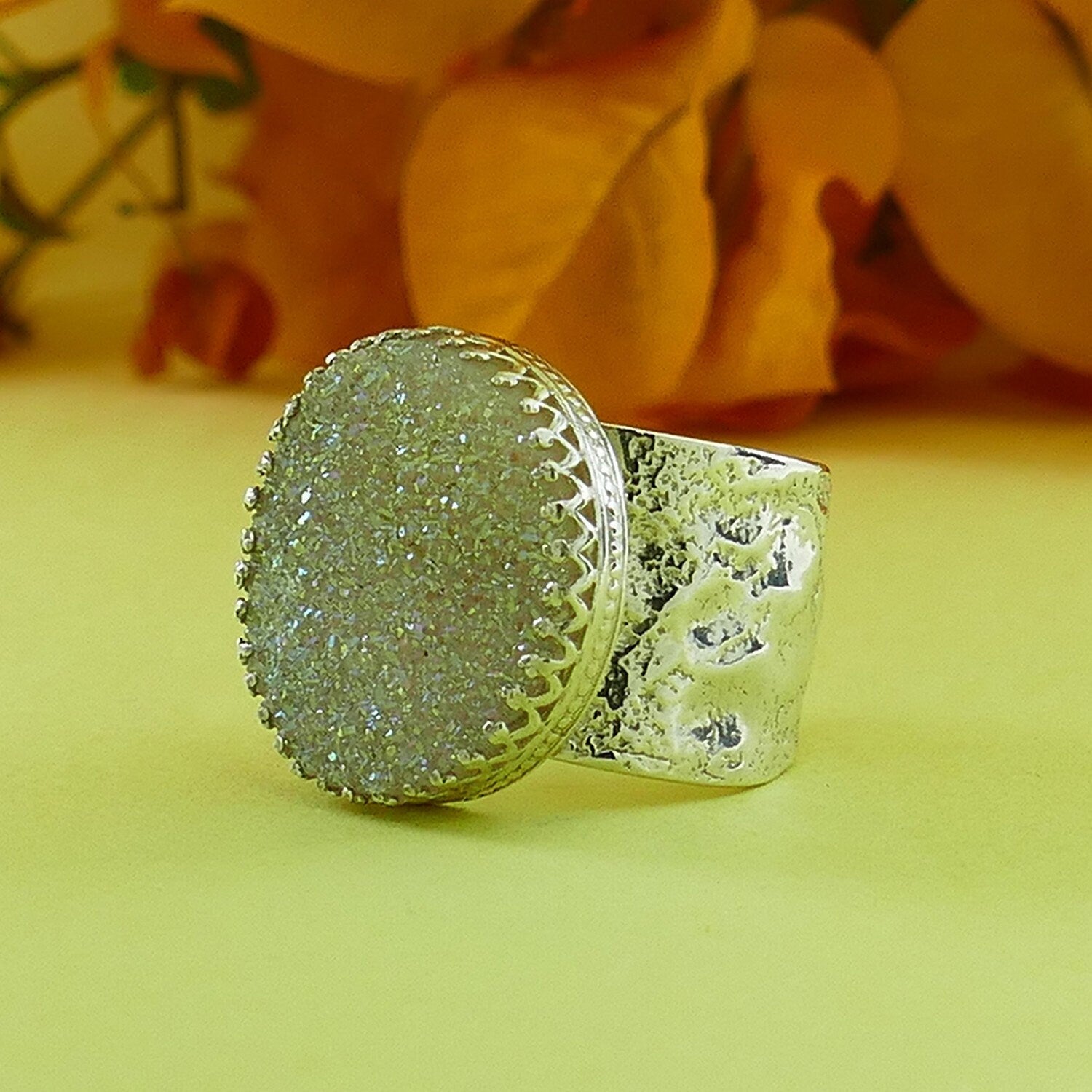 Large Druzy Stone 925 Sterling Silver Statement Ring Adjustable Ring