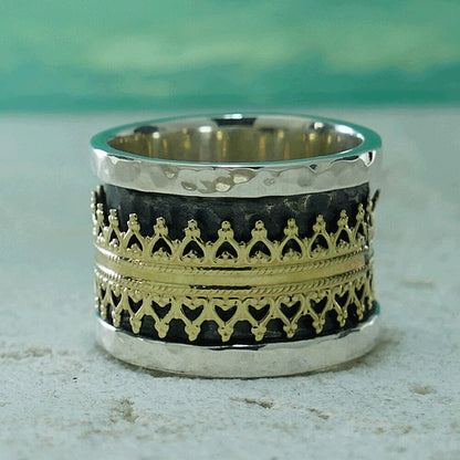 SPIRA Handcrafted Vintage Design Two Tone Solid 9k Yellow Gold And 925 Sterling Silver Spinner Ring, Oxidized Silver Fidget ring, worry ring