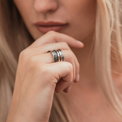 Oxidized Silver Spinner Ring Two Tone Solid 9 karat Yellow and Rose Gold And 925 Sterling Silver Fidget ring