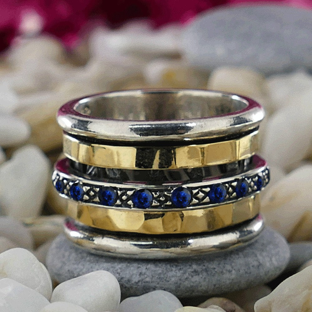 1.6 Carat Natural Blue Sapphire Gemstone Two Tone Solid 9k Yellow Gold&amp;925 Sterling Silver Handmade Spinner Ring Set Setting,Gemstone ring