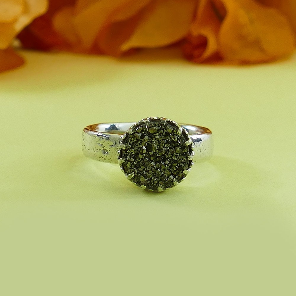 4 Carat Gray Agate Druzy Stone Natural crystal quartz solid 925 Sterling Silver Unique Handmade Solitaire Ring, Bohemian ring, Gemstone ring