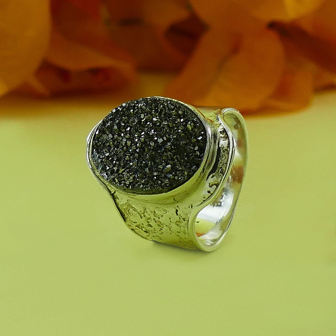 Gray Agate Druzy Quartz 925 Sterling Silver Handmade Ring