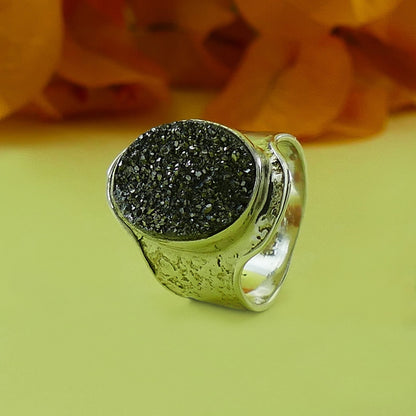 Gray Agate Druzy Quartz 925 Sterling Silver Handmade Ring