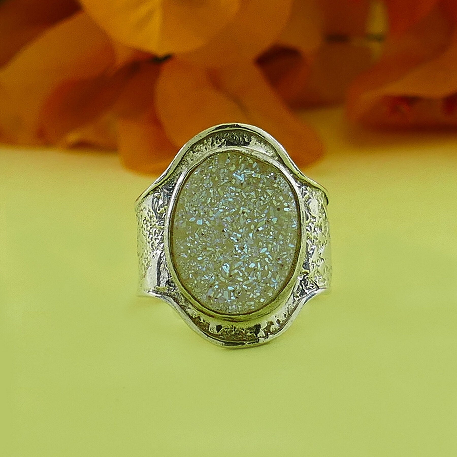 6 Carat White Agate Druzy Stone 925 Sterling Silver Solitaire Ring Set Setting Gemstone ring Gypsy ring, Bohemian ring,Hippie ring,Boho ring