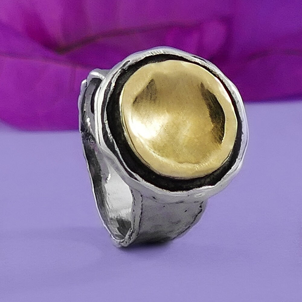 SPIRA Handcrafted Contemporary Design Two Tone Solid 9k Yellow Gold And 925 Sterling Silver Statement Ring Bohemian ring, Mixed metal ring