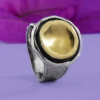 SPIRA Handcrafted Contemporary Design Two Tone Solid 9k Yellow Gold And 925 Sterling Silver Statement Ring Bohemian ring, Mixed metal ring