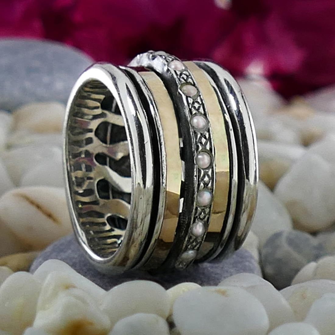 Natural White Pearl Gemstone Two Tone Solid 9k Yellow Gold &amp; 925 Sterling Silver Spinner Ring Main Stone Creation: Natural Total Carat Weight (TCW): 1.4 Spinner rings quantity: 3 Thickness mm: 2.5 Width mm: 14.5 Weight gr.: 13 Metal Purity: 9k