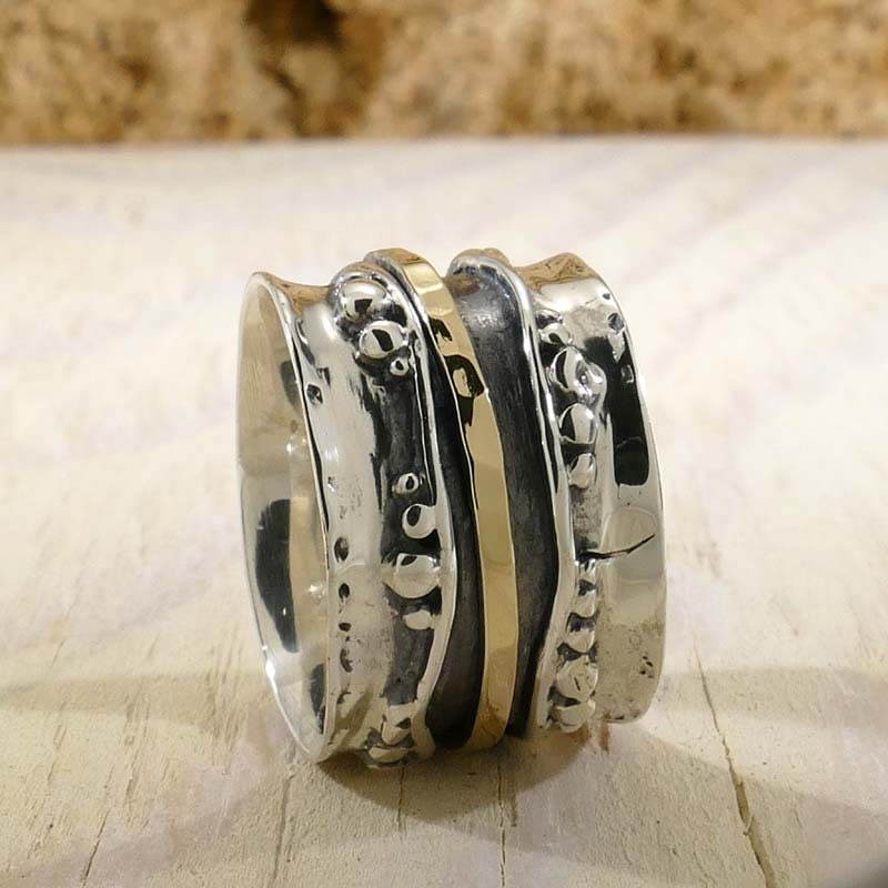 SPIRA Handcrafted Contemporary Design Two Tone Solid 9k Yellow Gold &amp; 925 Sterling Silver Spinner Ring,Wide two tone ring,Unique unisex ring