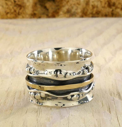 SPIRA Handcrafted Contemporary Design Two Tone Solid 9k Yellow Gold &amp; 925 Sterling Silver Spinner Ring,Wide two tone ring,Unique unisex ring