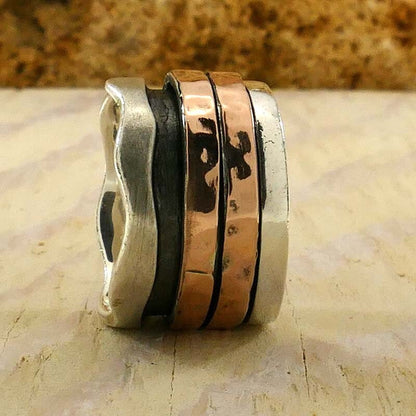 SPIRA Handcrafted Spinner Ring Contemporary Design Two Tone Solid 9k Rose Gold And 925 Sterling Silver, Gypsy ring, Bohemian ring, Boho ring