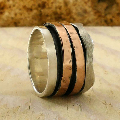 SPIRA Handcrafted Spinner Ring Contemporary Design Two Tone Solid 9k Rose Gold And 925 Sterling Silver, Gypsy ring, Bohemian ring, Boho ring