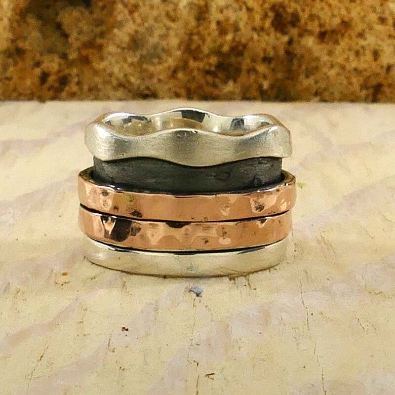 SPIRA Handcrafted Spinner Ring Contemporary Design Two Tone Solid 9k Rose Gold And 925 Sterling Silver, Gypsy ring, Bohemian ring, Boho ring