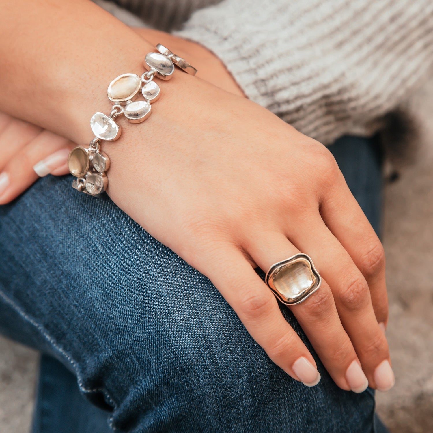 SPIRA Handcrafted Two Tone Solid 9k Yellow Gold And 925 Sterling Silver Statement Ring Mixed metal ring Bohemian ring