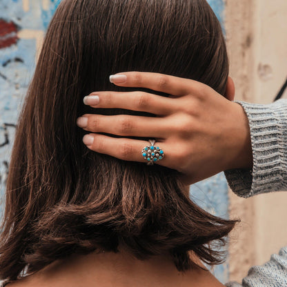 Unique Vintage Blue Opal Statement Ring 925 Oxidied Sterling Silver