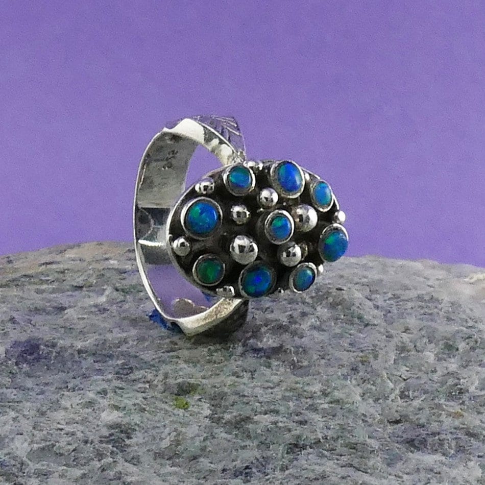 Unique Vintage Blue Opal Statement Ring 925 Oxidied Sterling Silver