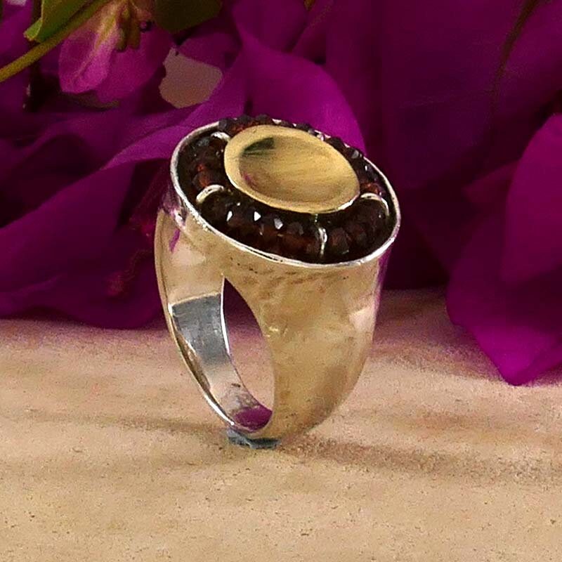 Handmade Red Garnet Statement Ring Two Tone Solid 9 karat Yellow Gold and 925 Sterling Silver