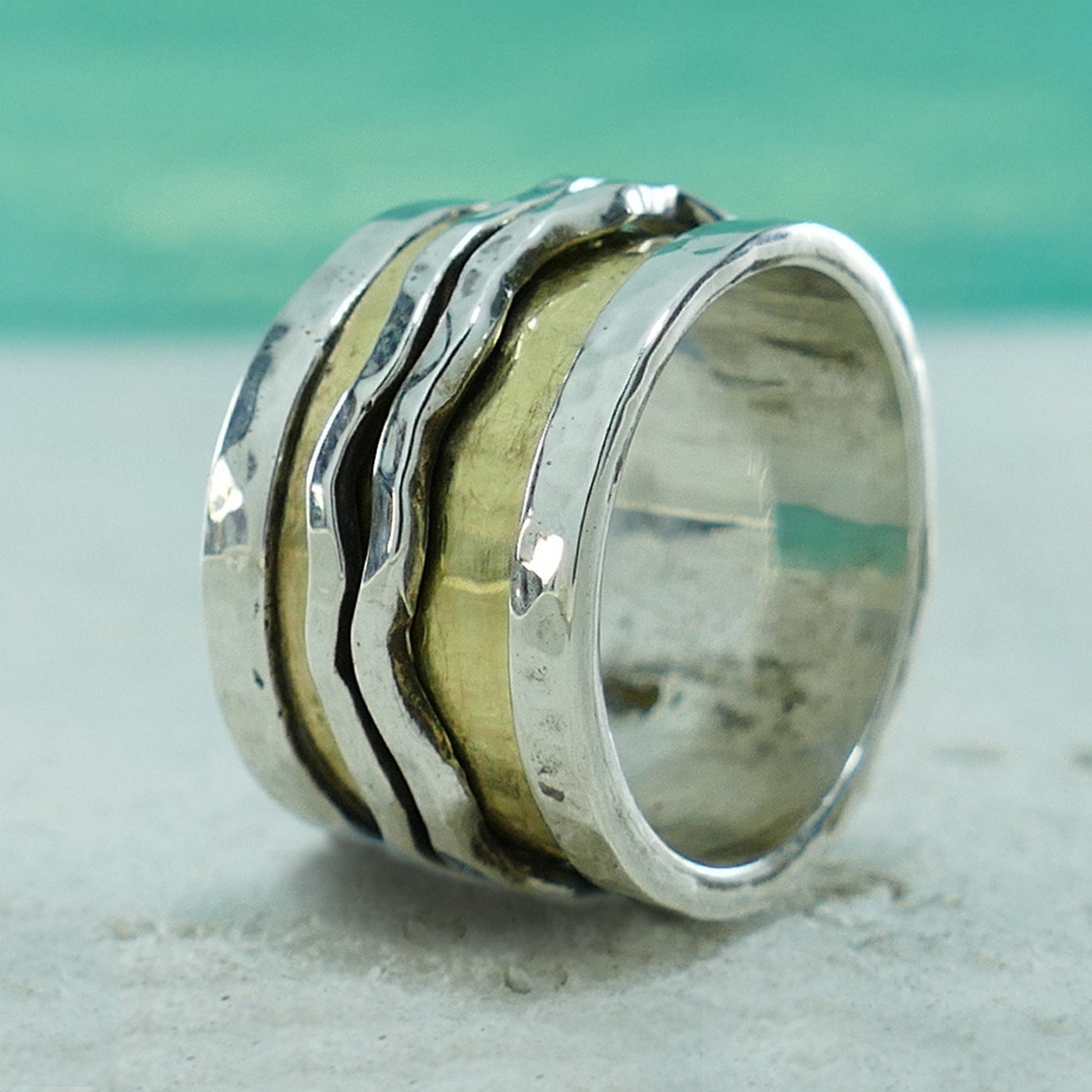 Handcrafted Two Tone Spinner Ring Solid 9 karat Yellow Gold and 925 Sterling Silver Worry ring