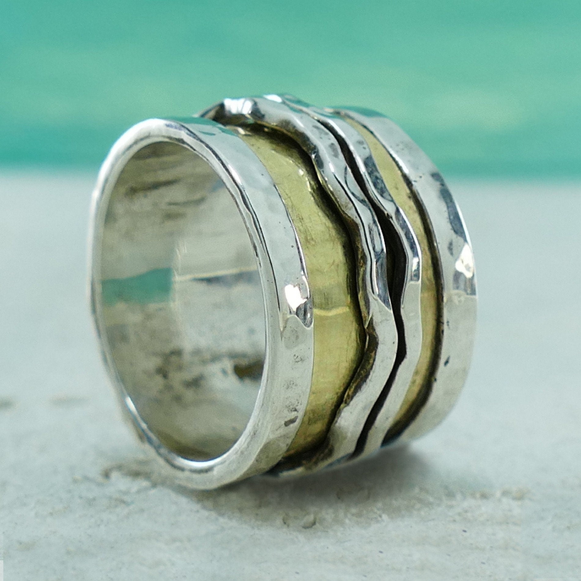 Handcrafted Two Tone Spinner Ring Solid 9 karat Yellow Gold and 925 Sterling Silver Worry ring